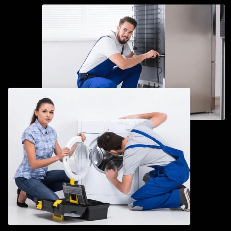 Technician servicing a refrigerator in a customer's kitchen